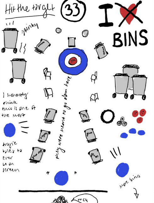 A hand-drawn image of a Taskmaster task involving bins and a target