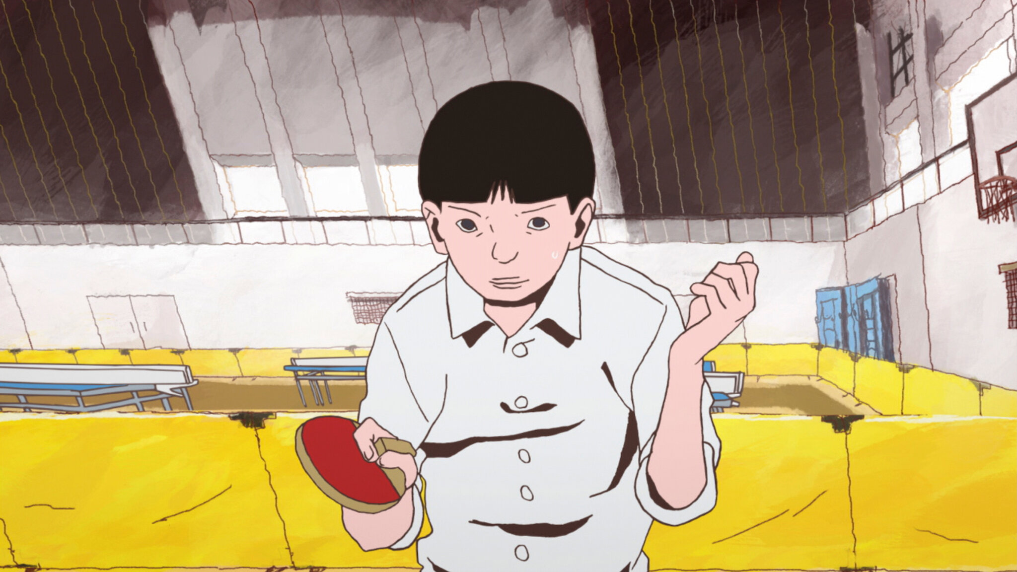A young person prepares to serve in ping pong in an animated image from Ping Pong the Animation