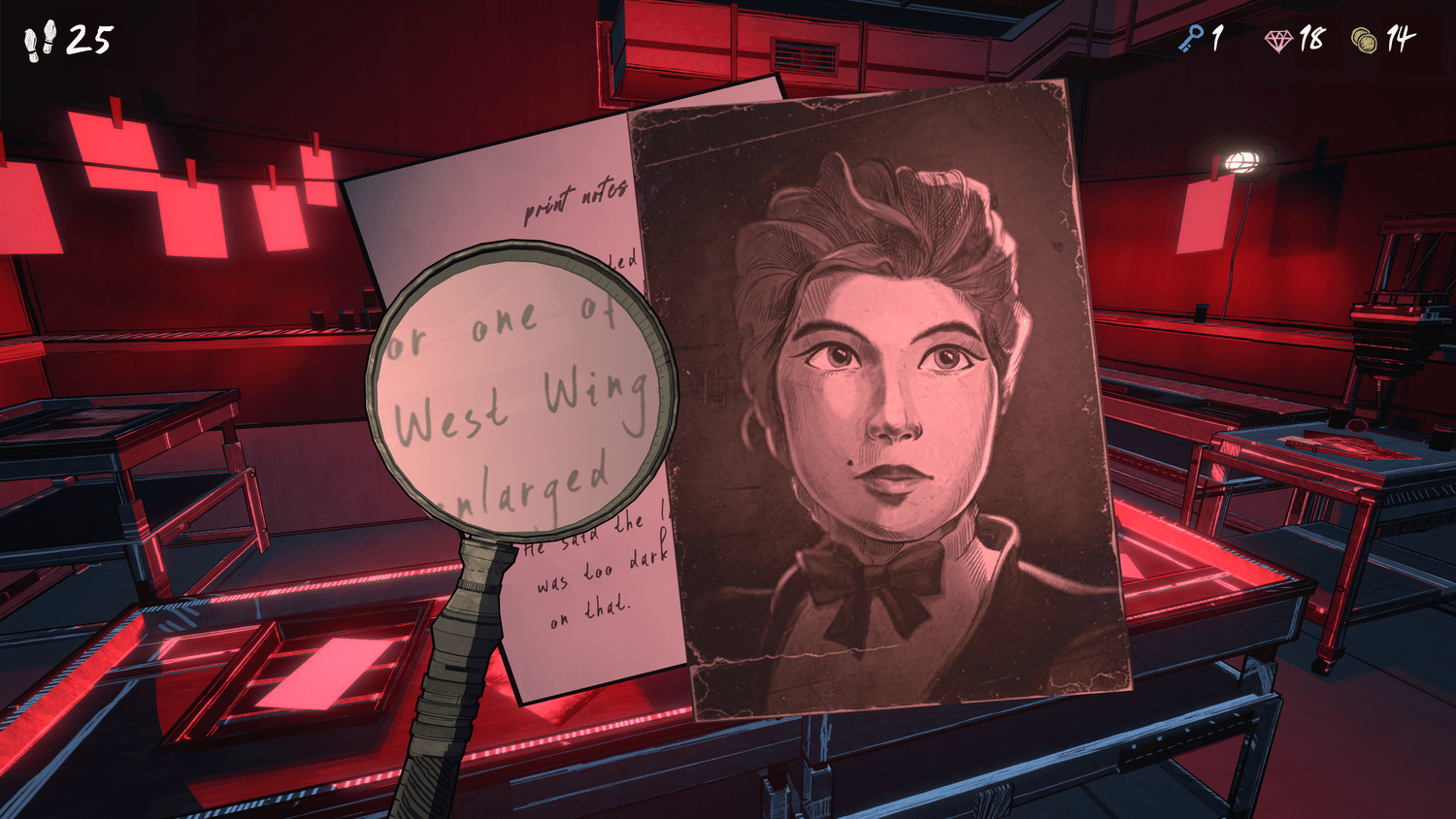 Inspecting a photo and a letter in the dark room in Blue Prince