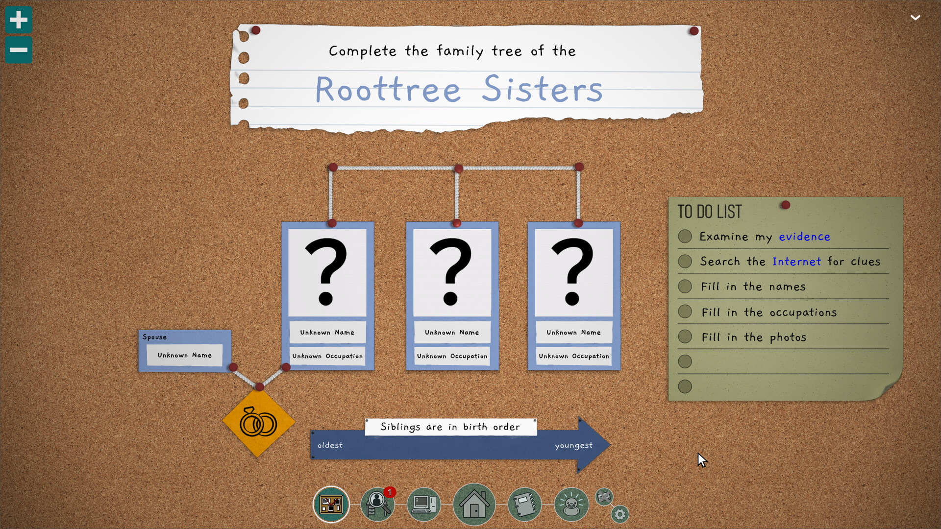 A screen from The Roottrees are Dead, prompting the player to fill in the family tree of the Roottree Sisters