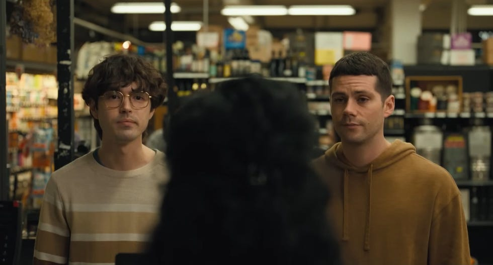 James Sweeney and Dylan O'Brien check out at a grocery store in Twinless