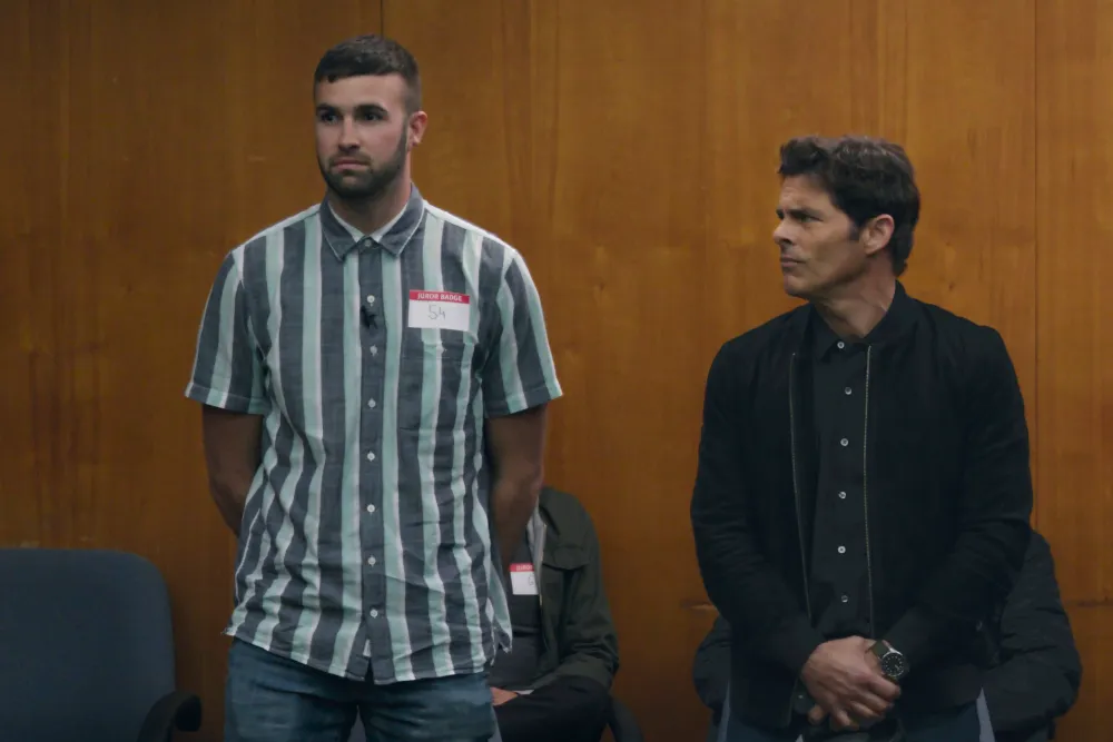 In Jury Duty, James Marsden gives Ronald Gladden a puzzled look