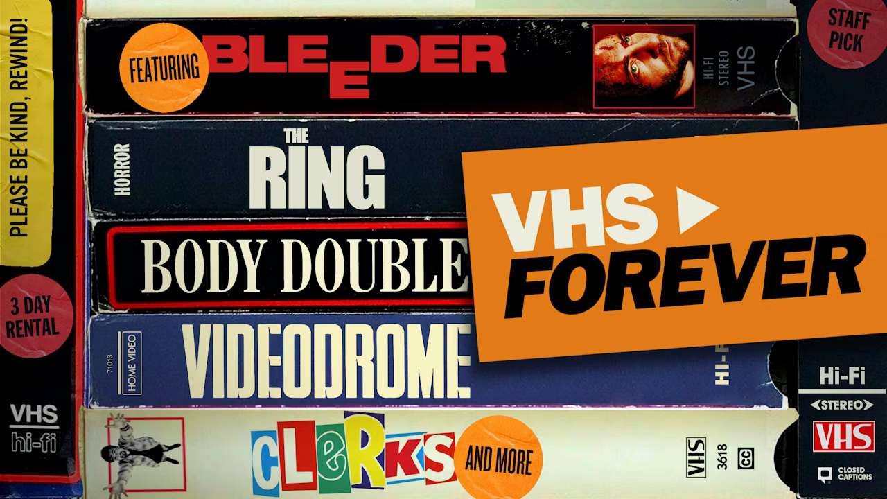 Cover image for the Criterion Channel's VHS Forever collection, with a stack of VHS tapes