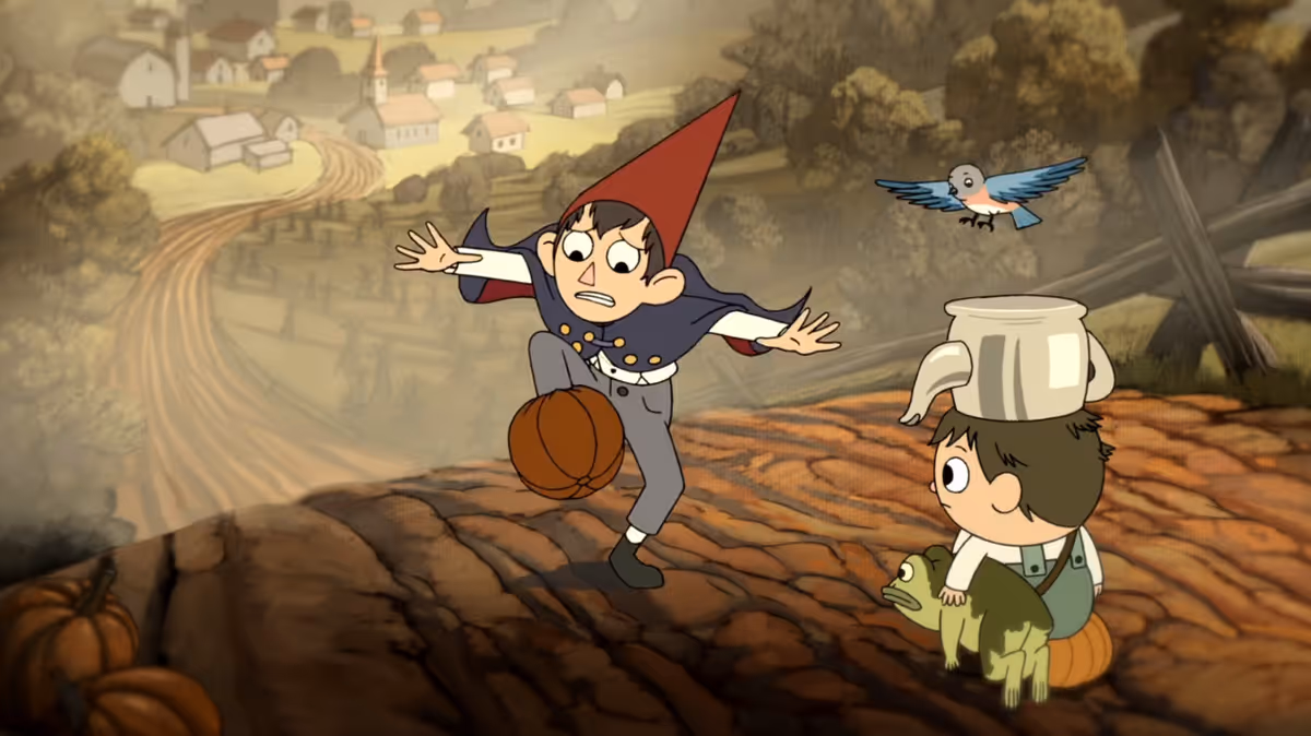 In Over the Garden Wall, Wirt's foot is stuck in a pumpkin as Greg and Beatrice look at him, concerned