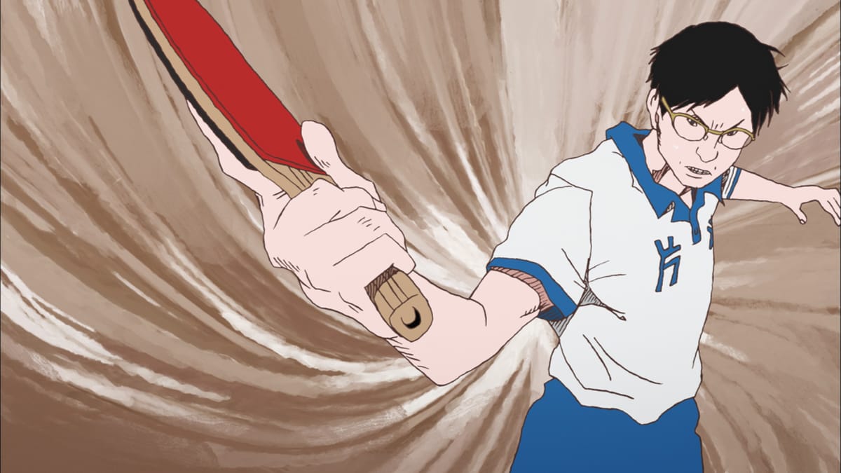 A highly stylized image of a person swinging a ping pong paddle, in Ping Pong: The Animation