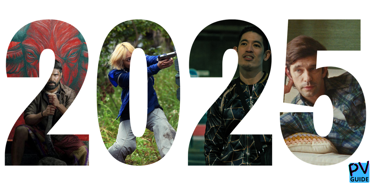 A collage image, with pictures from Bison Kaalamaadan, Baby Assassins 3, Slow Horses, and Peter Hujar's Day overlaid onto 2025