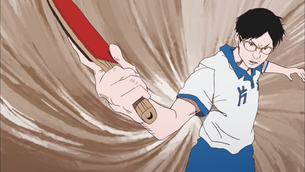 A highly stylized image of a person swinging a ping pong paddle, in Ping Pong: The Animation